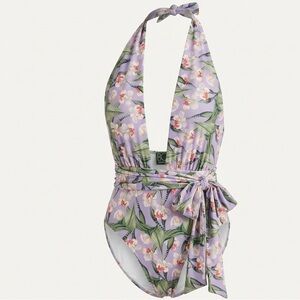 PatBO Lilac Tropical Floral Halter Plunge Wrap One-Piece Swimsuit XS